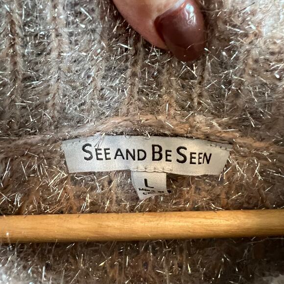 See and Be Seen Women's Silver Metallic and Tan Eyelash Sweater Size L NEW - Picture 3 of 8
